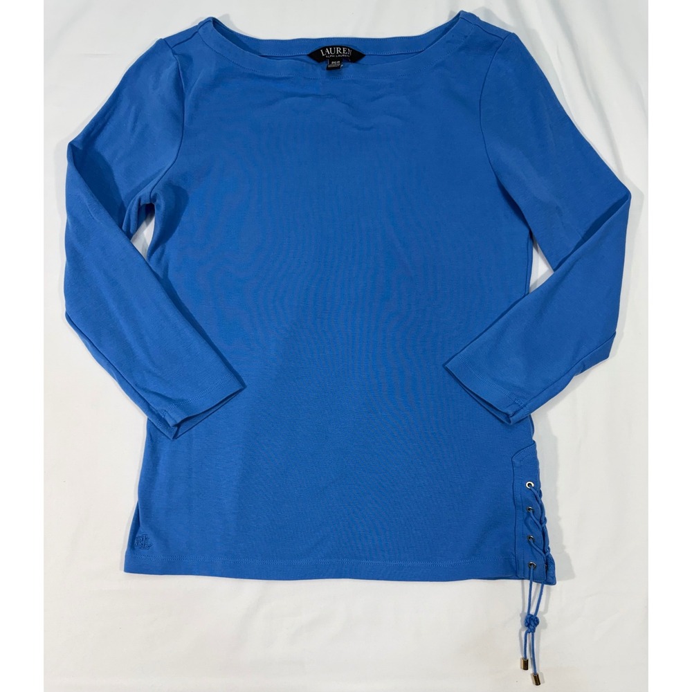Lauren Ralph Lauren Blue Lace Up Side Boat Neck 3/4 Sleeve Top Petite Small PS